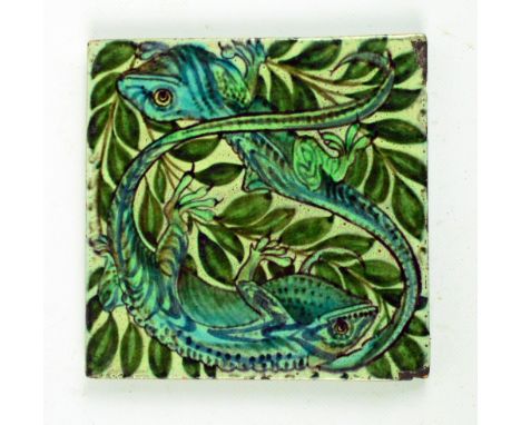 WILLIAM DE MORGAN; a Sands & Pottery Fulham ceramic chameleon decorated tile, impressed marks to back, 15 x 15cm.   CONDITION