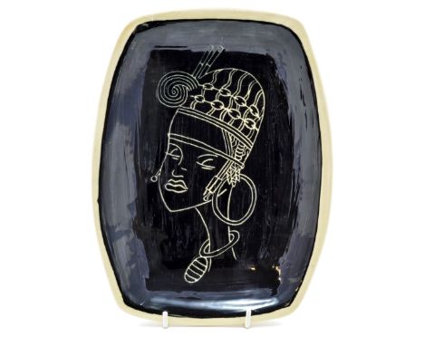 ERIC LEAPER (1921-2002); a rectangular earthenware dish decorated with an incised portrait of a female head, incised signatur