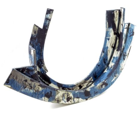 REBECCA APPLEBY; 'Delayed Junction', a white-bodied slab sculpture, covered in multi-layered white, blue and black slip decor