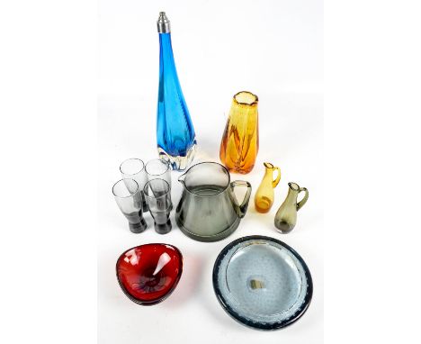 HOLMEGAARD; a set of four 'Canada' wine glasses designed by Per Lutken, a squat jug, a Whitefriars controlled bubble shallow 