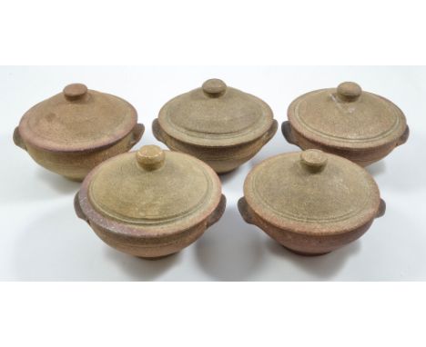 LEACH POTTERY; five stoneware lidded soup bowls, blue/grey, olive green and khaki glazes, toasted unglazed lids and exteriors