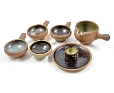 LEACH POTTERY; four small side-handled bowls, a small gravy boat/milk jug, a small plate and an egg cup, blue/grey, green and