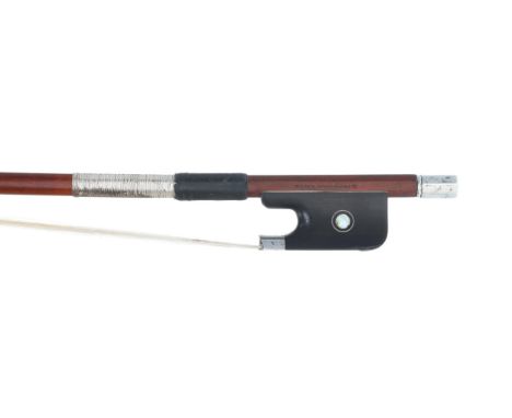 Silver mounted violoncello bow stamped C. Thomassin á Paris, the stick round, the ebony frog inlaid with silver rings enclosi