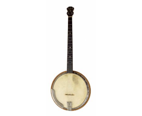 Jedson five string banjo, with birds eye maple ebony banded resonator, mother of pearl geometric inlay to the fretboard and s