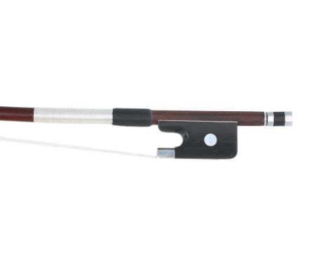 Silver mounted violoncello bow stamped Paul Jombar.Paris, the stick round, the ebony frog inlaid with pearl eyes and the ebon