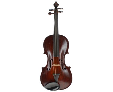 Late 19th century Stradivari copy violin stamped AS within a circle beneath the button on the back, 14 1/16", 35.70cm, bow, c