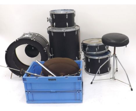 Five piece drum kit, with an Ajax Boosey &amp; Hawkes snare drum, black leather wrapped drums, with assorted cymbals and Prem