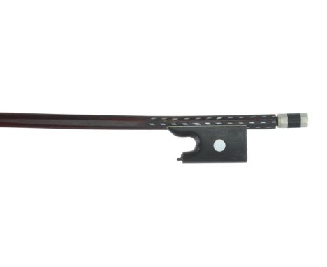 Violin bow of the Bazin School with mother of pearl floral inlay on the handle, unstamped, the stick round, the ebony frog in