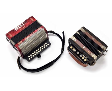 Hohner Erica small button accordion, red marble finish, case; also an old German melodion (in need of restoration) (2) 