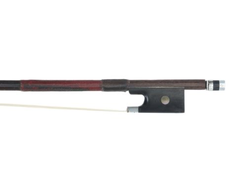 Silver mounted violin bow stamped Gand &amp; Bernardel Fils, the stick round, the ebony frog inlaid with pearl eyes and the e