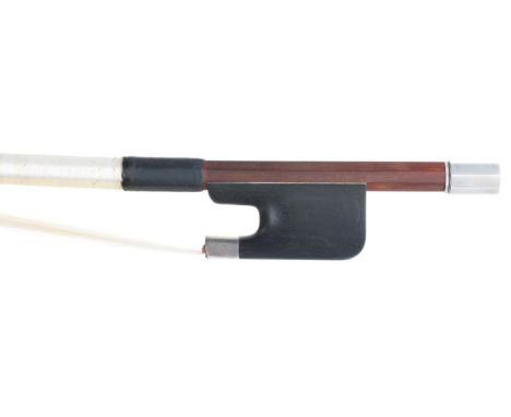 Silver mounted double bass bow, unstamped, the stick round, the ebony frog plain and with a silver overlaid ebony adjuster, 1