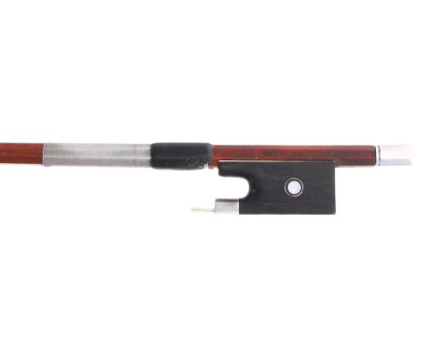 Good English silver mounted violin bow by and stamped Roy Collins, the stick octagonal, the ebony frog inlaid with silver rin