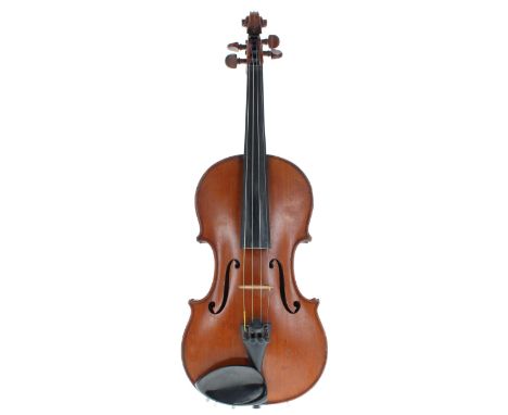 French violin circa 1910, unlabelled,&nbsp;the two piece back of medium curl with similar wood to the sides and head, the tab