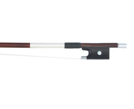 Silver mounted violin bow, unstamped, the stick octagonal, the ebony frog inlaid with pearl eyes and with a silver overlaid e