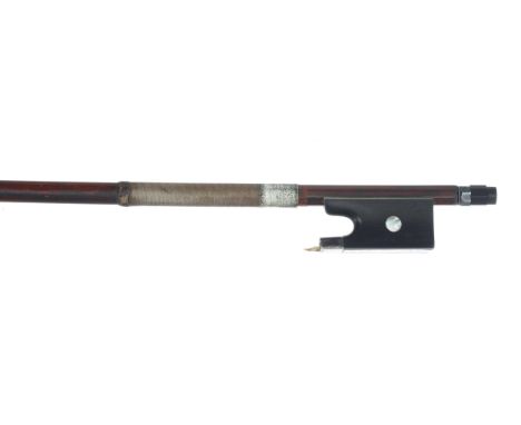 Silver mounted violin bow, unstamped, the stick round, the ebony frog inlaid with pearl eyes and the ebony adjuster with one 