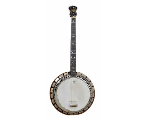 W.G. Coker &amp; Son four string banjo, with satinwood and ebony banded inlaid concave resonator, with mother of pearl dot an