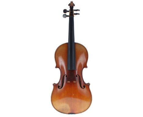 Good French violin circa 1925 labelled Copie de Antonius Stradivarius..., the two piece back of medium curl with similar wood