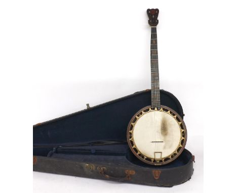 Good and unusual five string banjo, with ebony banded rosewood resonator, geometric burr walnut slot inlay to the fretboard, 