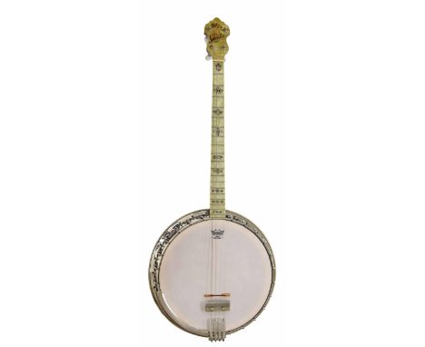 Bacon &amp; Day Senorita four string banjo, with faux mother of pearl resonator back bearing a plate inscribed Made by Bacon 