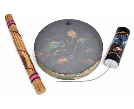 Remo 16" ocean drum; together with a thunder effects drum and a wooden rain stick (3) 