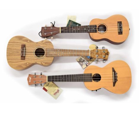 Three contemporary&nbsp;ukuleles by Stagg, model UCX-ROS-SE, Halona, model no. UKS-15SS and Eddy Finn model no. EF-ASH-N, all