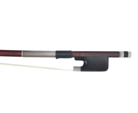 Nickel mounted violoncello bow stamped Allegro, the stick round, the ebony frog plain and the ebony adjuster with two nickel 