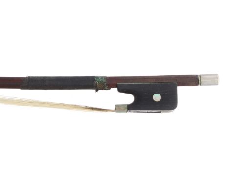 French nickel mounted violoncello bow by and stamped Cuniot-Hury, the stick round, the ebony frog inlaid with pearl eyes and 