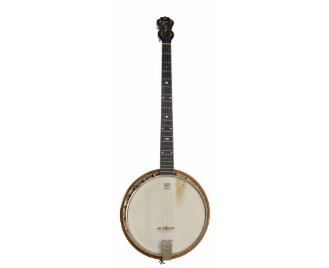 Jedson five string banjo, with birds eye maple ebony banded resonator, mother of pearl geometric inlay to the fretboard and s