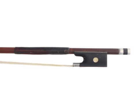 Nickel mounted violin bow stamped Francois Lotte, the stick round, the ebony frog inlaid with pearl eyes and the ebony adjust