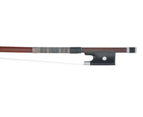 Silver mounted violin bow in the style of Vuillaume, unstamped, the stick round, the ebony frog inlaid with pearl eyes and th