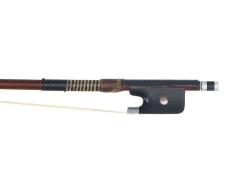 Silver mounted violoncello bow by and stamped Hawkes &amp; Son, the stick round, the ebony frog inlaid with pearl eyes and th