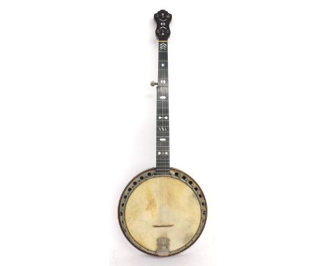Good Windsor Premiere Model five string banjo, the mahogany resonator inlaid with boxwood lines and the fretboard inlaid with