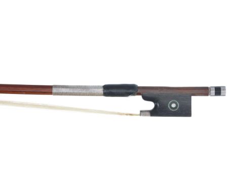 Silver mounted violin bow, unstamped, the stick octagonal, the ebony frog inlaid with silver rings enclosing pearl eyes and t