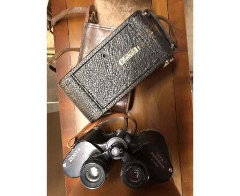 Kodak Brownie Junior - Model A in original leather case and a pair of Zenith binoculars 