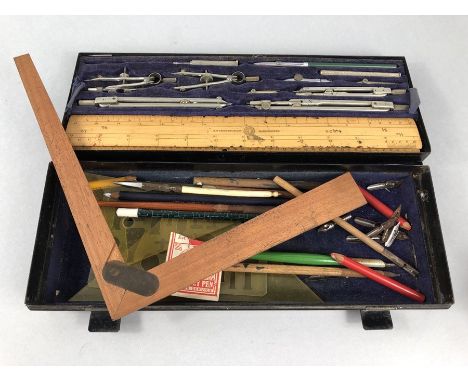 Geometry set: By A.G Thornton Ltd of Manchester, many pieces marked G.C.R plus Army &amp; Navy bone handled ink pen etc in Ti