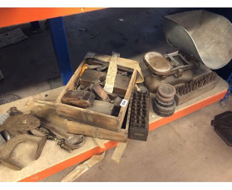Collection of tools stamps, weighing scales and weights etc