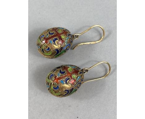18ct Gold Pair of Yellow metal Cloisonné Enamel Earrings in the style of Faberge Easter Eggs. Measuring approx: 19mm x 15.25m