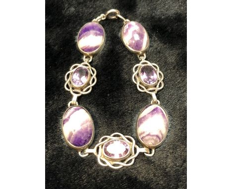 Amethyst (approx 12mm x 9mmand Blue John (approx 21mm x 14mm) Bracelet on Silver mounts, three Amethyst and four Blue John St
