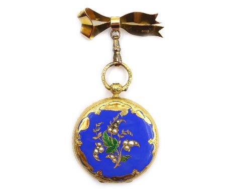 Baudin Freres 19th century gold, enamel and split seed pearl full hunter pocket watch no. 6846, case stamped 18K M P & Co, wi