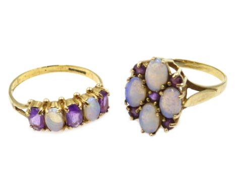 Two opal and amethyt 9ct gold rings hallmarked 9ct Condition Report cluster 2.5gm size Pfive stone 2gm size QClick here for f