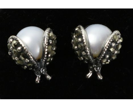Pair of silver pearl and marcasite ladybird stud earrings, stamped 925 Condition Report Click here for further images, condit