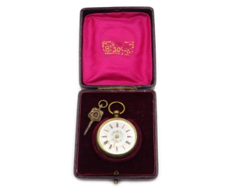 Early 20th century ladies plated fob watch, enamel dial in original case with key Condition Report ticking awayClick here for
