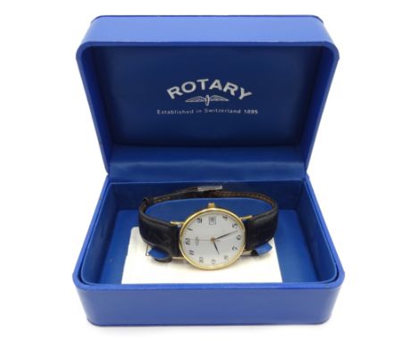 Rotary 9ct gold quartz wristwatch, with date aperture, on original brown leather strap, boxed with receipt  Condition Report 