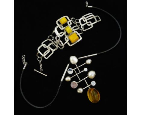 Contemporary silver amber and pearl pendant on leather and silver necklace, stamped 925 and Polish silver amber geometric des