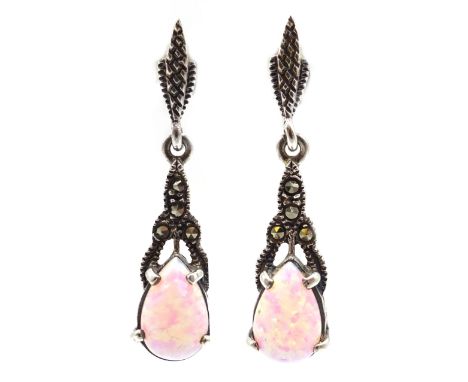 Pair of opal and marcasite pendant earrings, stamped 925 Condition Report Click here for further images, condition, auction t