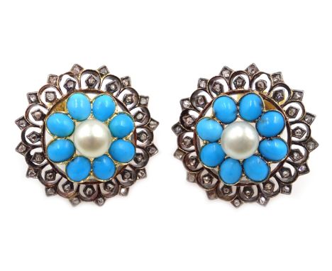 Pair of gold and silver diamond, turquoise and pearl stud earrings Condition Report Approx 8.2gm, diameter = 2cm, back studs 