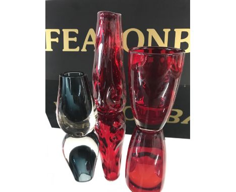 3 GEOFFREY BAXTER WHITEFRIARS GLASS VASES-RUBY RED FLARED 9582, RUBY RED KNOBBLY 9812, AND INDIGO TEARDROP 9657.