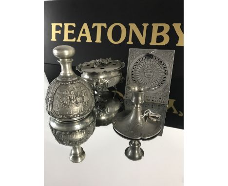 GERMAN SKS DESIGNS 95% PEWTER ANTIQUE STYLE EMBOSSED FLASK, CHAMBER CANDLESTICK, SUNDIAL WITH ZODIAC SIGNS ON REVERSE SIDE & 
