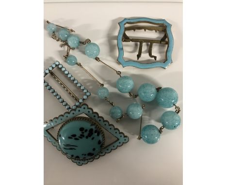 2 ANTIQUE BUCKLES & 1 BROOCH SET WITH TURQUOISE ENAMEL (PIN MISSING) & 1 YELLOW METAL NECKLET WITH TURQUOISE GLASS BEADS.