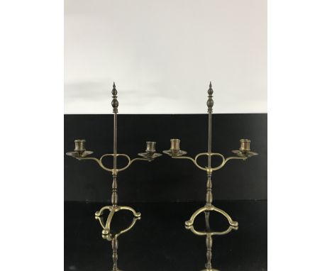 PAIR OF ANTIQUE STYLE ADJUSTABLE BRASS CANDELABRA STANDING ON A TRIPOD BASE WITH PAW FEET STAMPED MADE IN ENGLAND, 37.5CM HIG